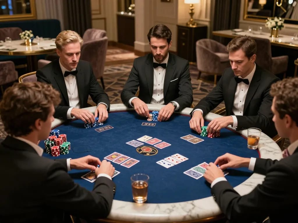 Join the high-stakes action at vb88game poker tables featuring engaged players and vibrant chips.