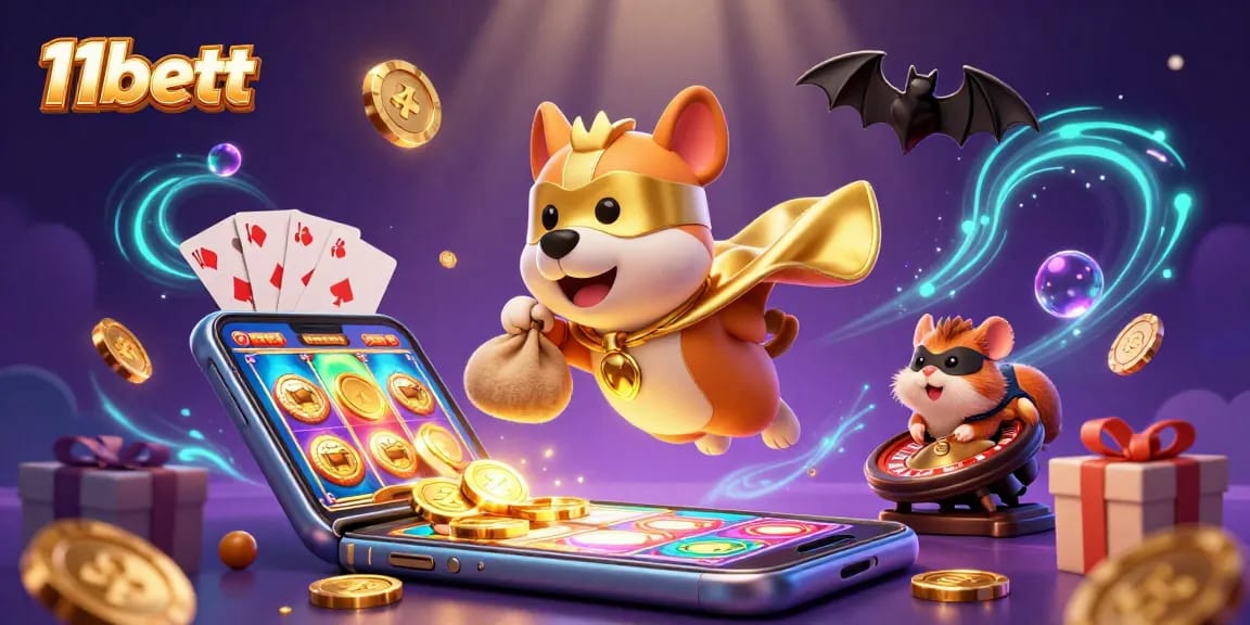 Win exciting prizes with 11bett at this vibrant online casino adventure illustration.