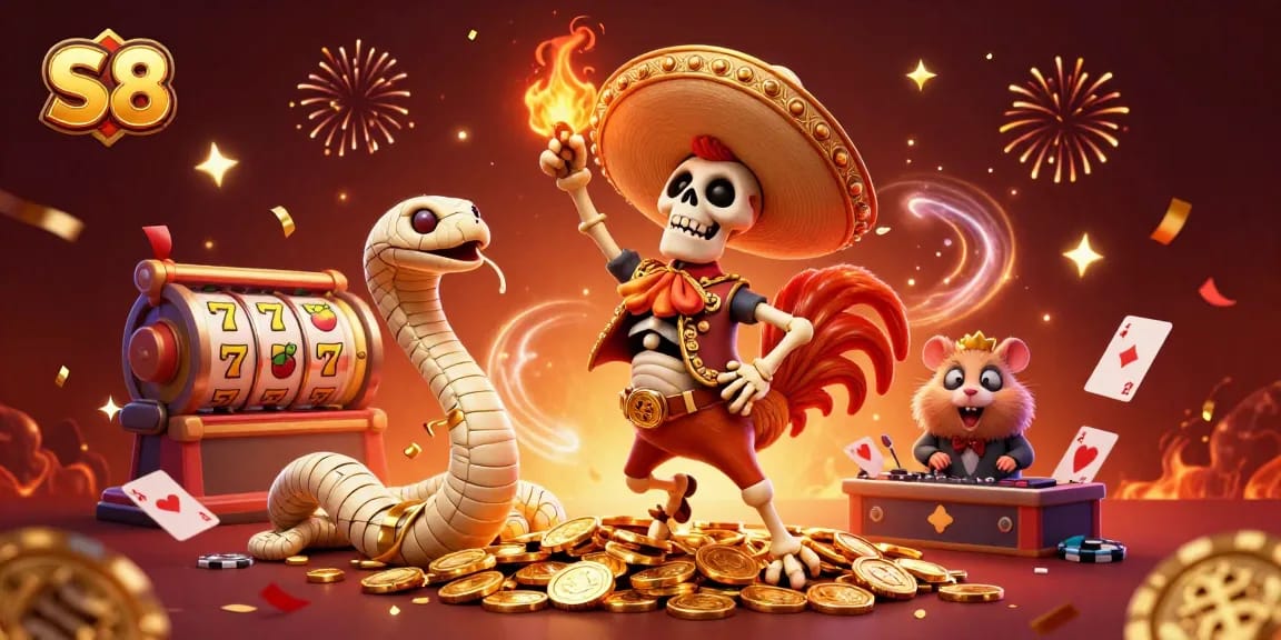 S8 champions spin the slot reels, unlocking wins with festive characters and vibrant casino decor.