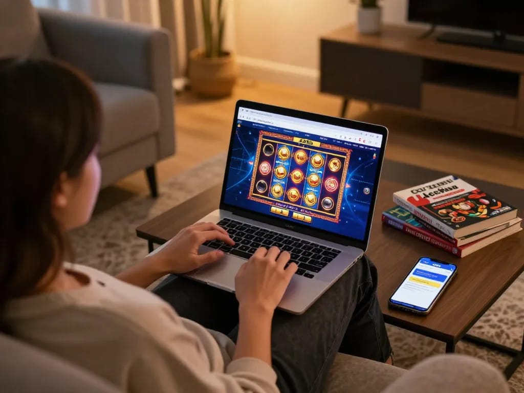 A player enjoying Ace96au online slots on a laptop in a cozy home setting, complete with gaming strategy materials.