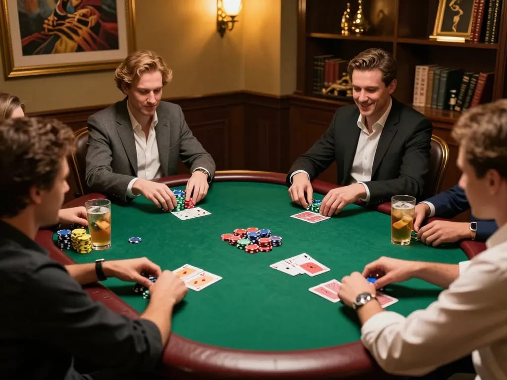 Players enjoying a lively poker night as they strategize and place bets at lu88yy gaming table.