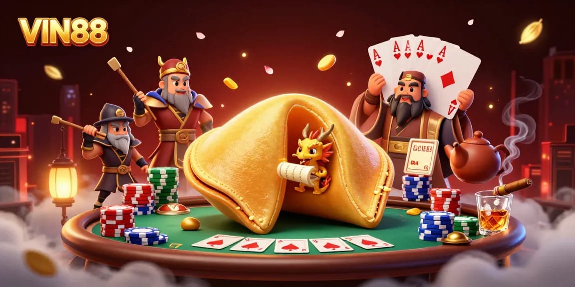 Engage with thrilling VIN88 casino action featuring fortune cookies and poker excitement.