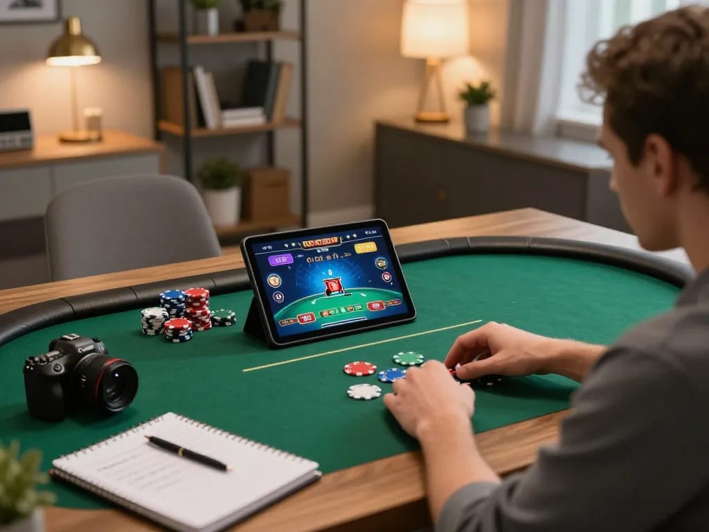 Player engaged in online poker gameplay on LC99, showcasing strategy notes and a cozy home office.