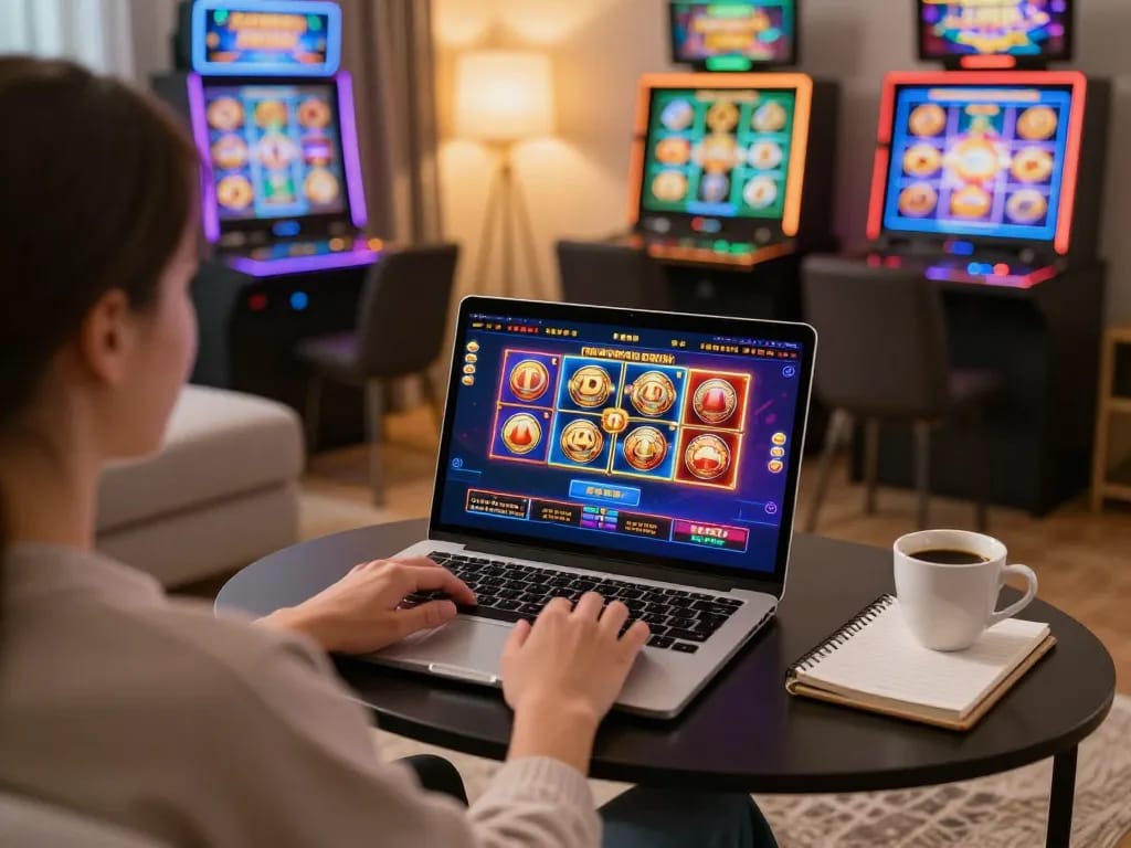 Engaging with online casino games at TOP88 on a laptop, showcasing a vibrant gaming environment.