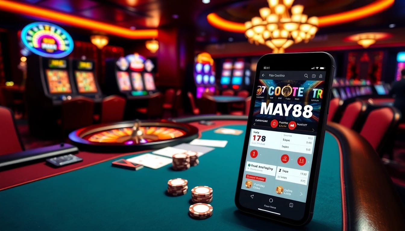 MAY88 presents an exciting live casino scene with a dealer, poker chips, and vibrant slot machines.