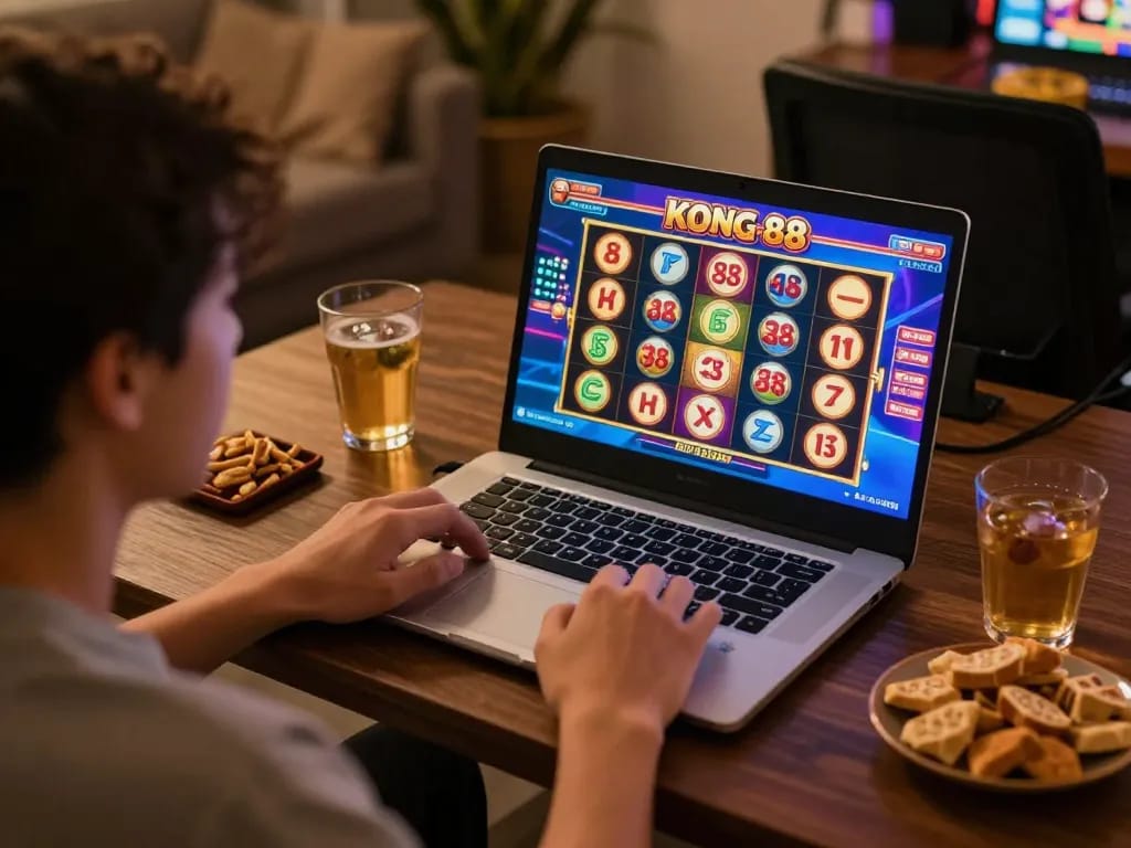 KONG 88 online gaming experience showing a player enjoying slot games on a laptop in a cozy setting