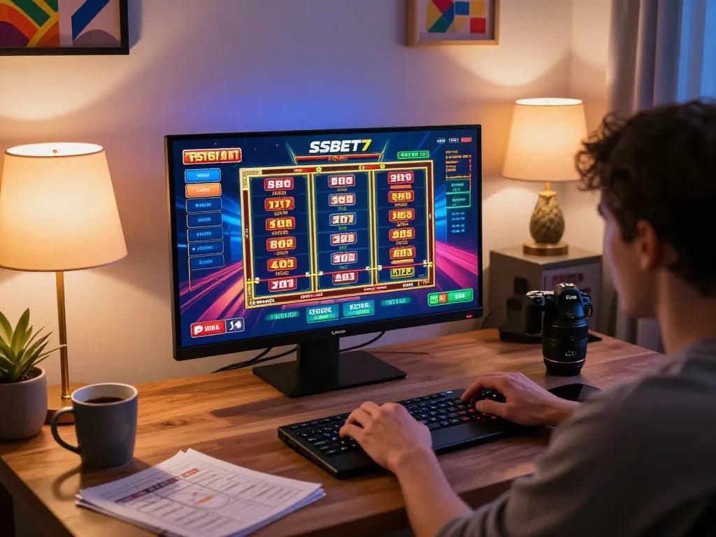Engaging in exciting gameplay at SSBET77 online casino gaming setup with laptop and strategy notes