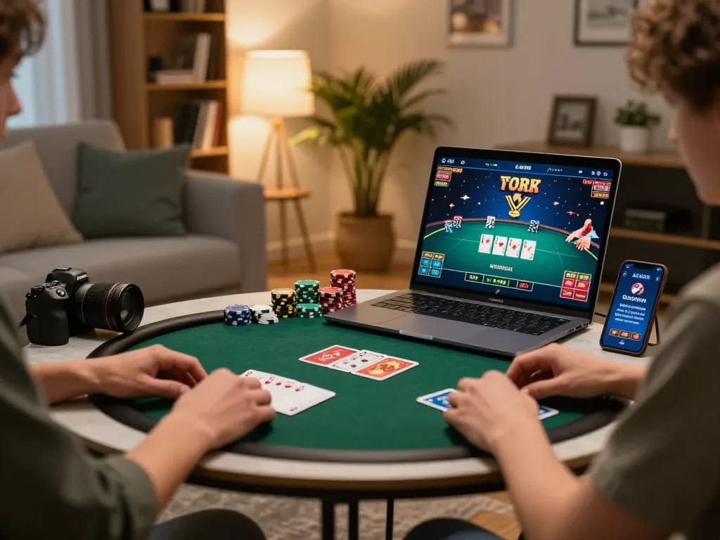 Player engaged in online poker at home with lv88 gaming setup and cozy atmosphere