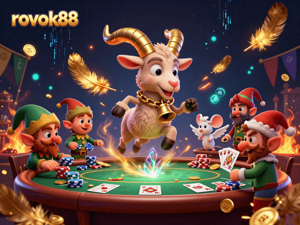 Win exciting poker games at rokok88 with a festive Krampus goat and mischievous elves in action!