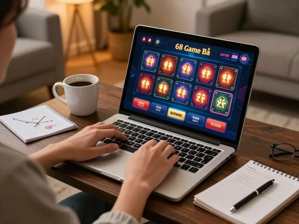 Experience 68 Game Bài by playing online casino games on a laptop in a cozy living room setting.