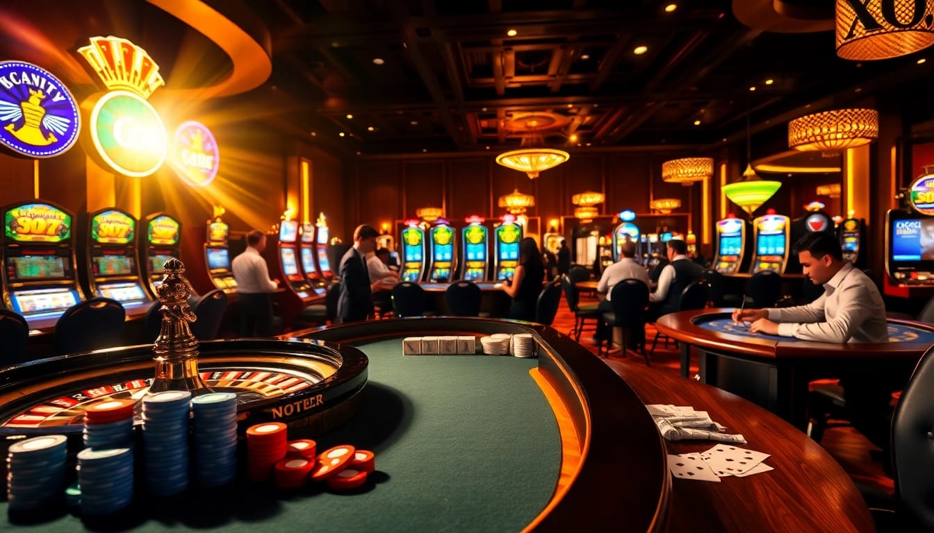 GO8 casino gaming table with vibrant poker chips and roulette wheel in an upscale setting