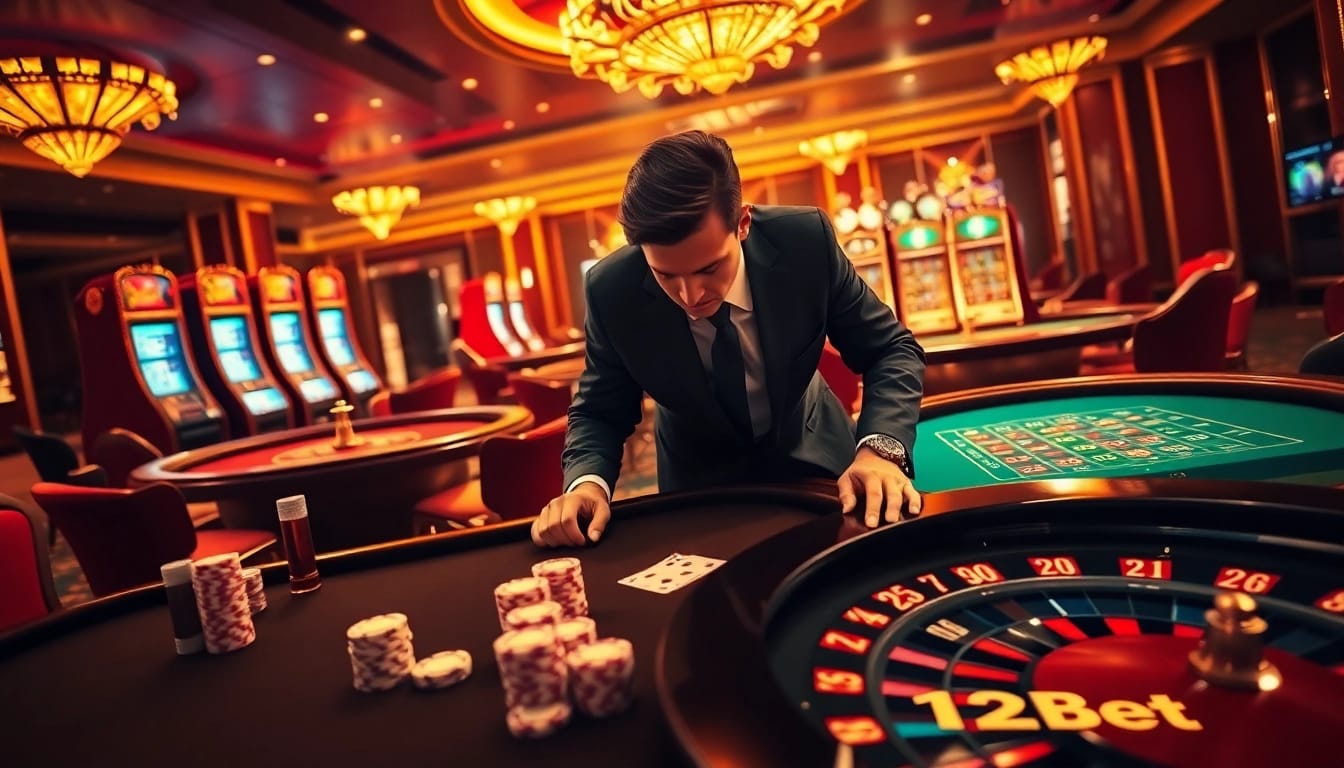 Players enjoy thrilling games at 12Bet's stylish casino with elegant tables and betting chips.