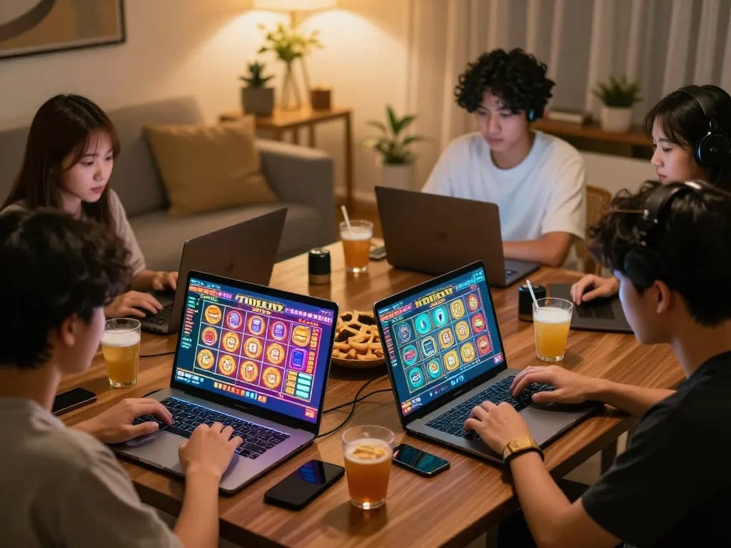 Winwin players enjoying an online Togel game in a cozy home setting, focused on winning strategies.