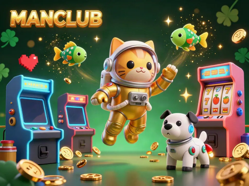 Experience high-stakes slots at MANCLUB with an astronaut cat and robot dog in a vibrant gaming scene.