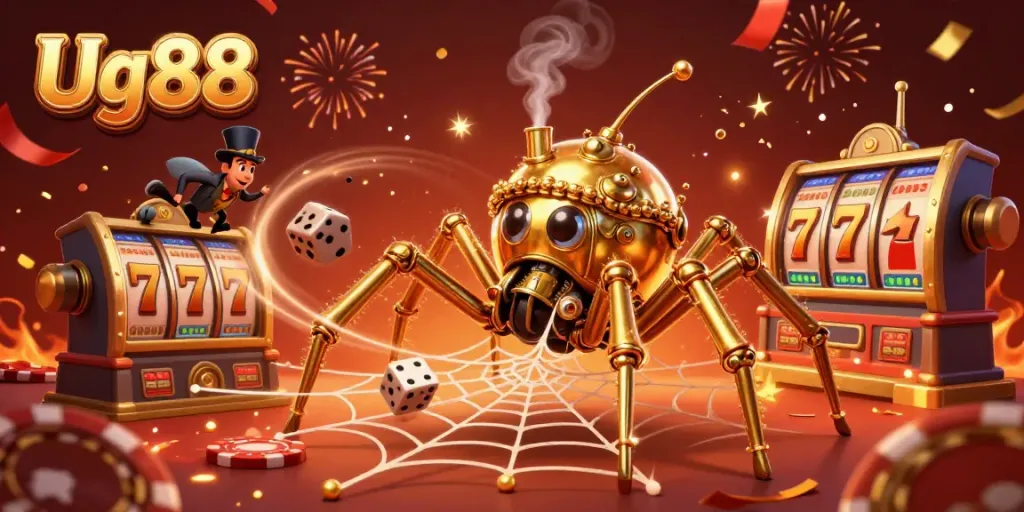 Play slots and win big with Ug88's vibrant casino-themed illustration featuring rich gaming elements.