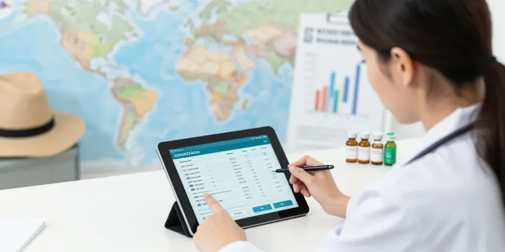 Reisvaccinaties advies met digitale software, gezondheid en technologie.