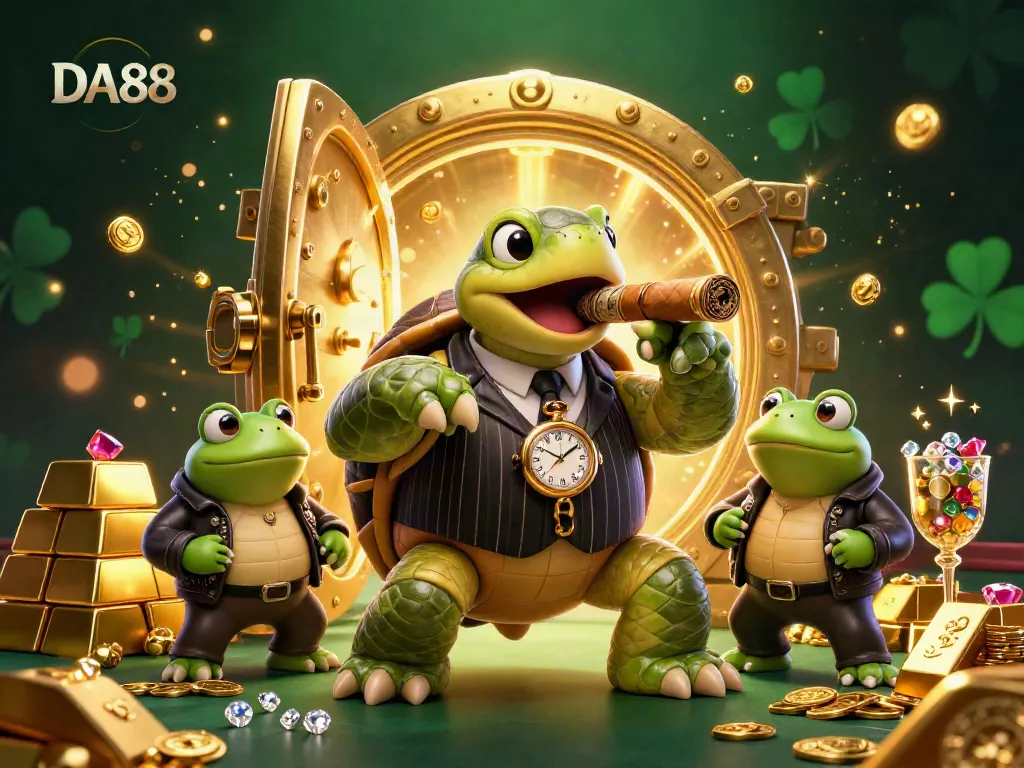 DA88 casino scene with a mobster turtle and bullfrog enforcers, surrounded by gold and jewels.