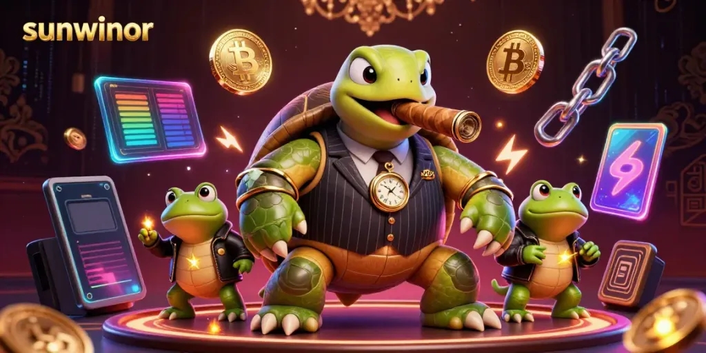 Engage with sunwinor's vibrant casino action featuring a dynamic turtle mobster and bullfrog enforcers.