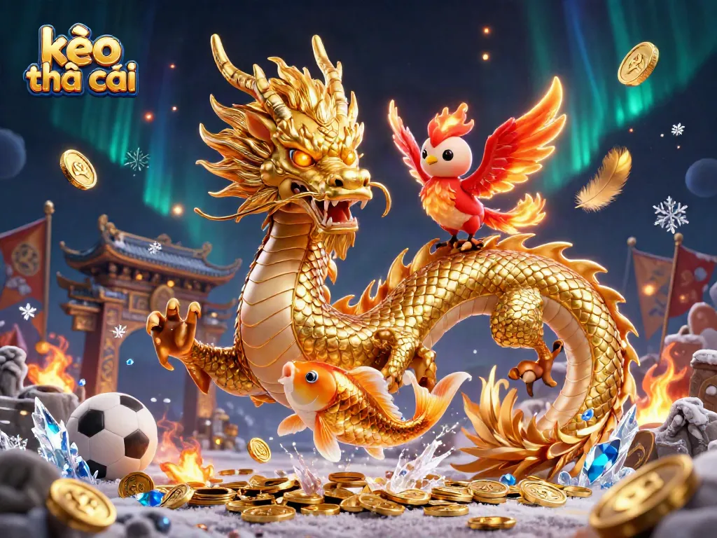 Experience kèo nhà cái with a vivid dynamic scene featuring a dragon, phoenix, and koi fish amidst betting elements.