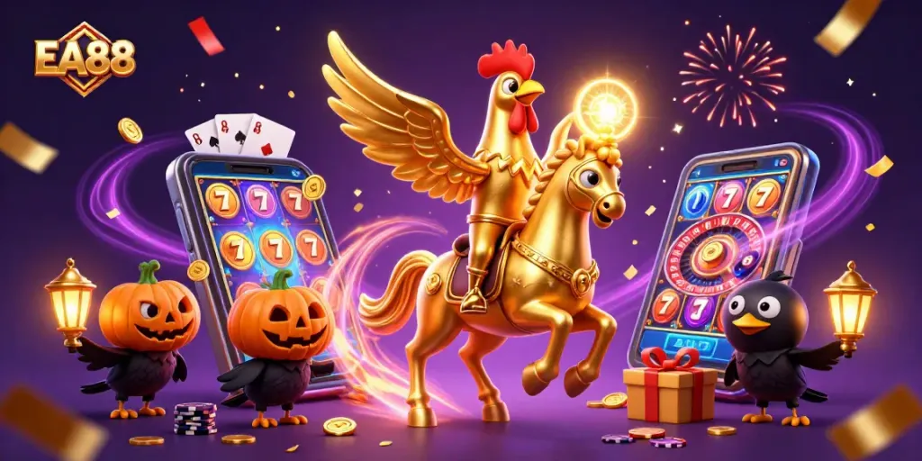 Engage with EA88's vibrant casino scene featuring a golden rooster and energetic game elements.