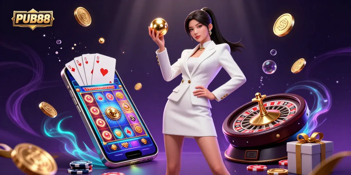 Experience excitement at PUB88, where a stylish woman engages with casino elements, showcasing vibrant games and luxury.