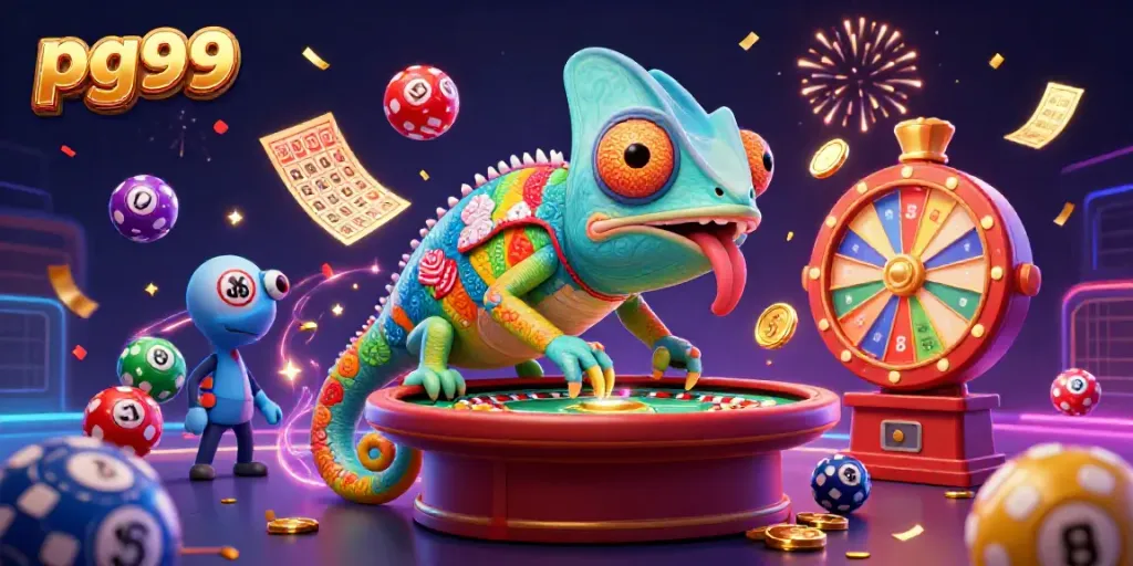 Engage with pg99's vibrant casino atmosphere featuring a colorful chameleon owner and playful lottery elements.