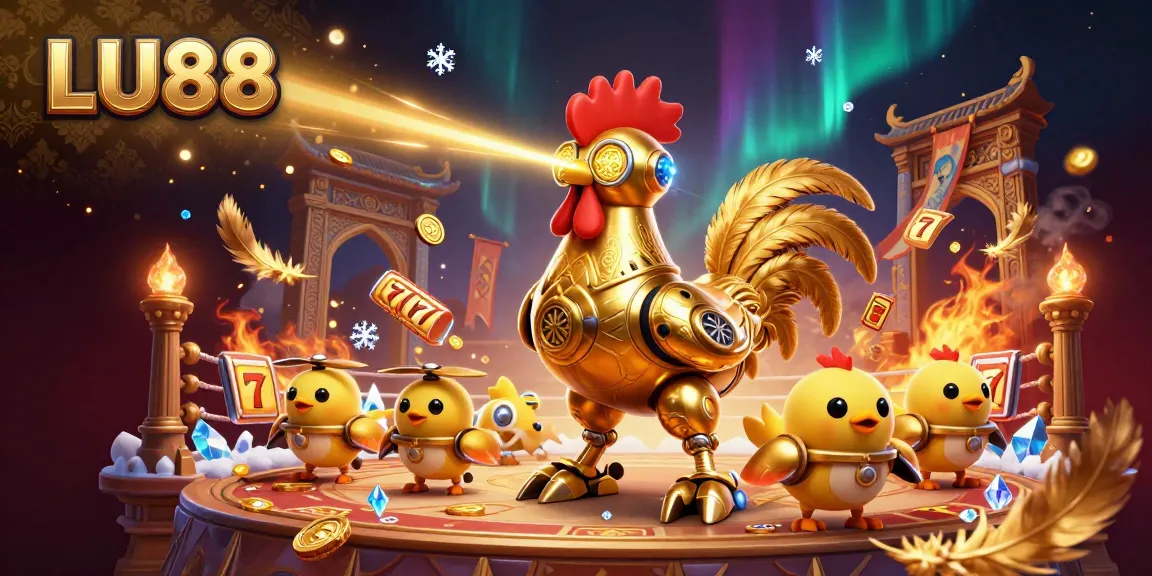 Experience thrilling gameplay with LU88's captivating 3D illustration featuring a golden rooster robot and slot elements.