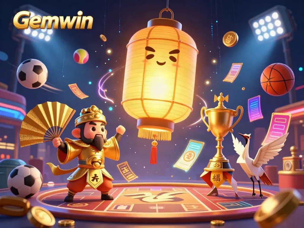 Experience the excitement of Gemwin with a dynamic 3D casino scene filled with animated characters and game elements.