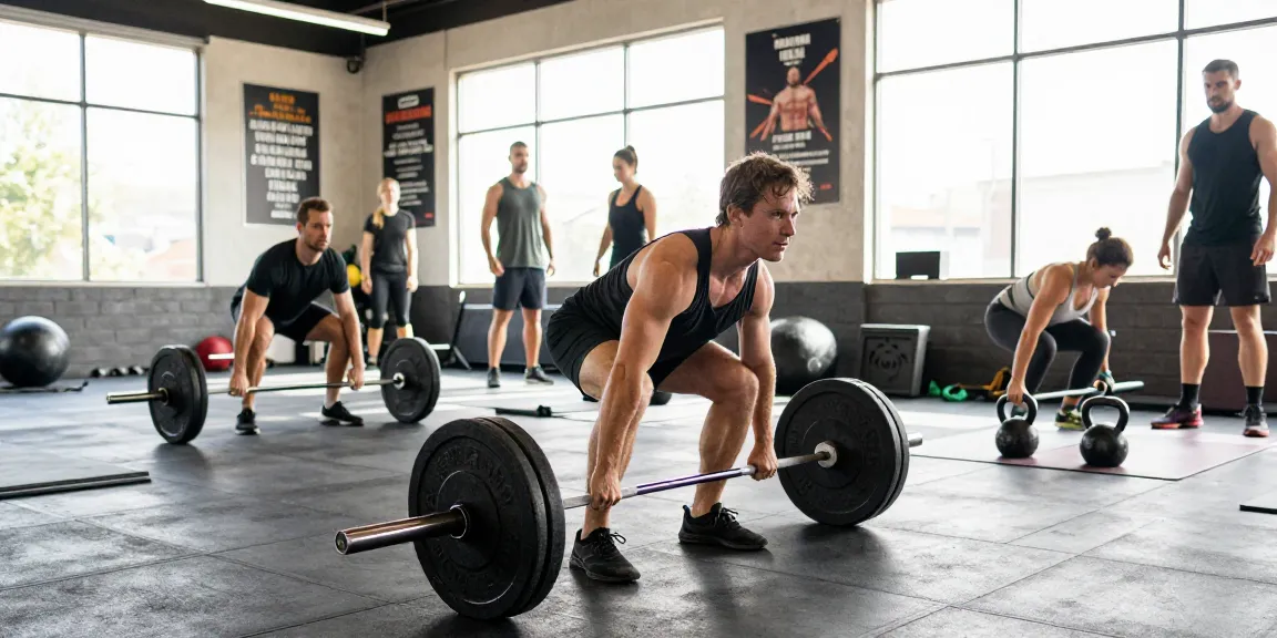 Actieve sportsessie in de Unique Pharma Shop met een persoon die deadlifts uitvoert in een levendige sportschool.