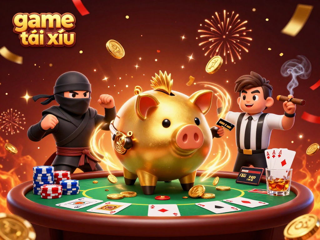 Engage in thrilling game tài xỉu with dynamic action featuring a golden piggy bank and samurai characters.