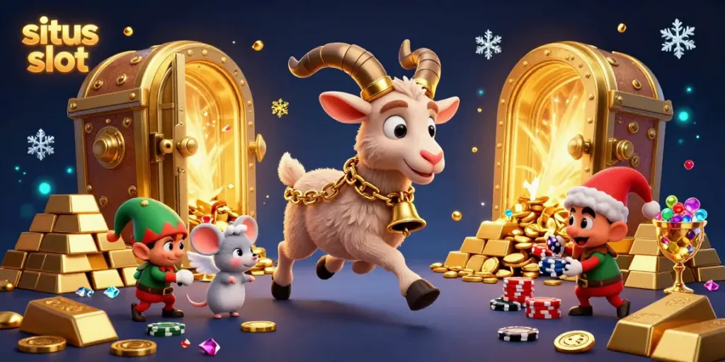 Engage in the festive atmosphere of situs slot with a cartoon Krampus goat and angel mouse amid treasure-filled chaos.