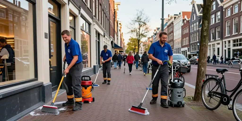 Schoonmaakbedrijf Amsterdam in actie met een professioneel team dat een commercieel gebouw schoonmaakt in de kleurrijke straten van Amsterdam.