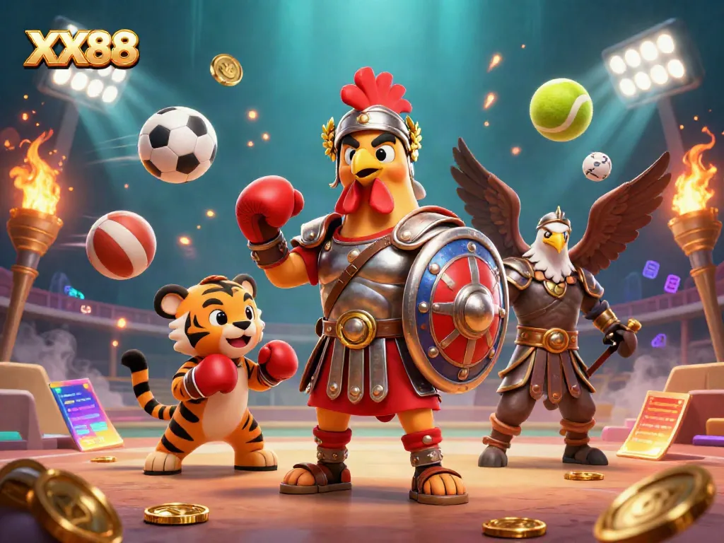 Engaging illustration of XX88 showcasing a gladiator rooster with a tiger in a dynamic casino arena.