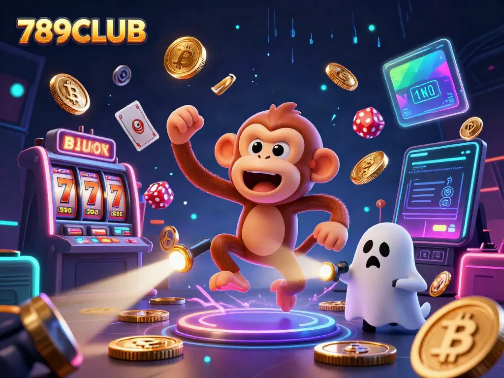 Engaging scene of the 789CLUB illustrating a lively haunted casino with golden coins and animated characters.