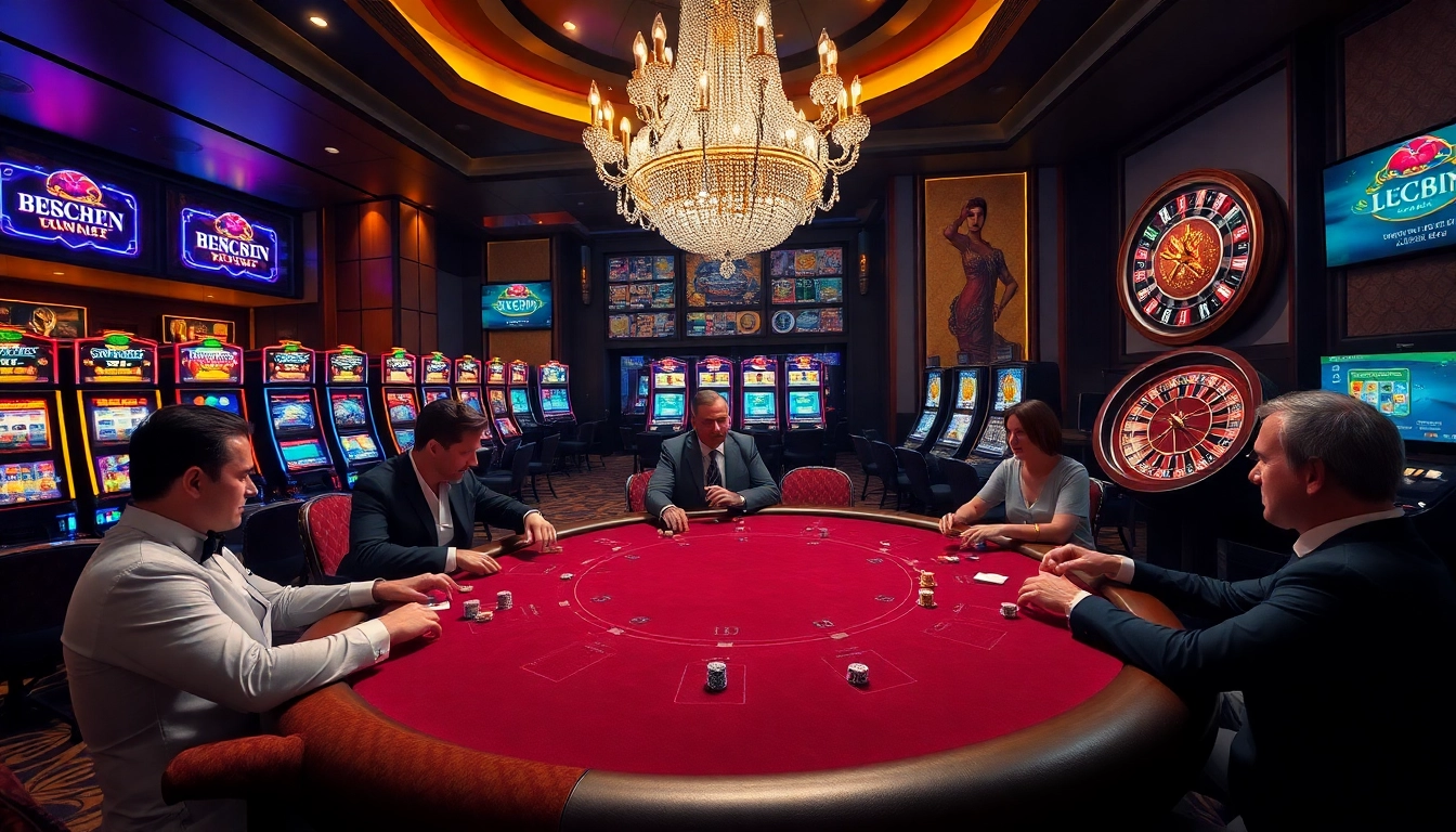 Experience the excitement at LC88 Casino with elegant poker players and vibrant slot machines.