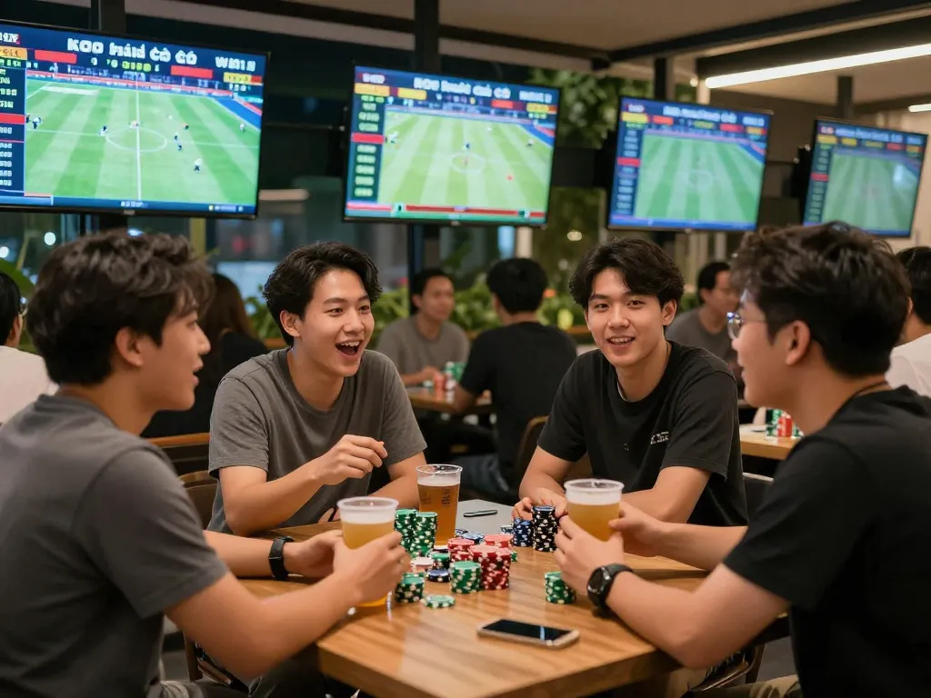 Engaging friends analyzing kèo nhà cái at a lively outdoor sports betting setup, showcasing excitement and strategy.