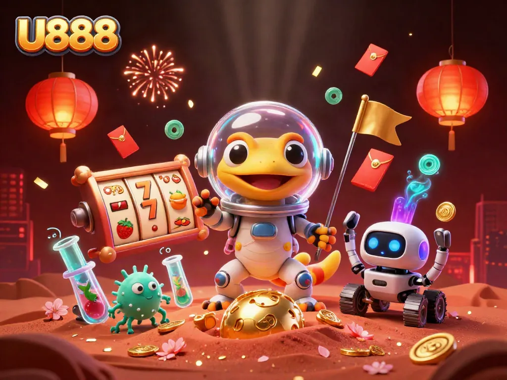 Experience the exciting U888 casino adventure with a Martian gecko alongside slot reels and festive decorations.
