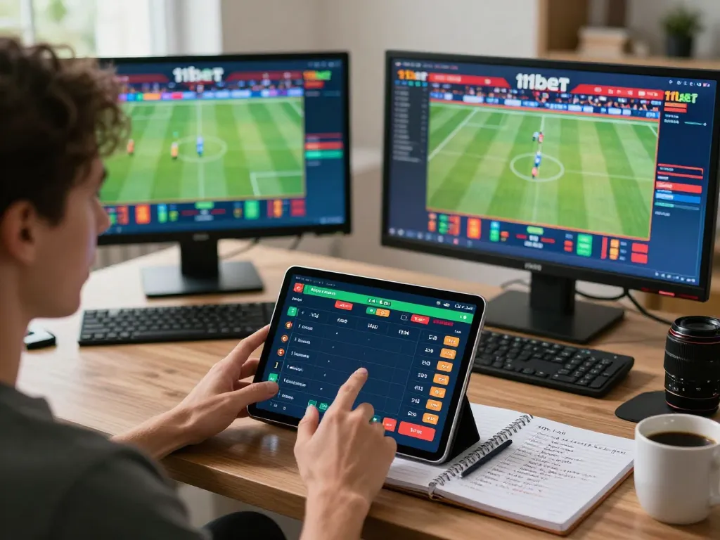 Active betting session on 11bet in a cozy home setting with strategic notes and multiple screens