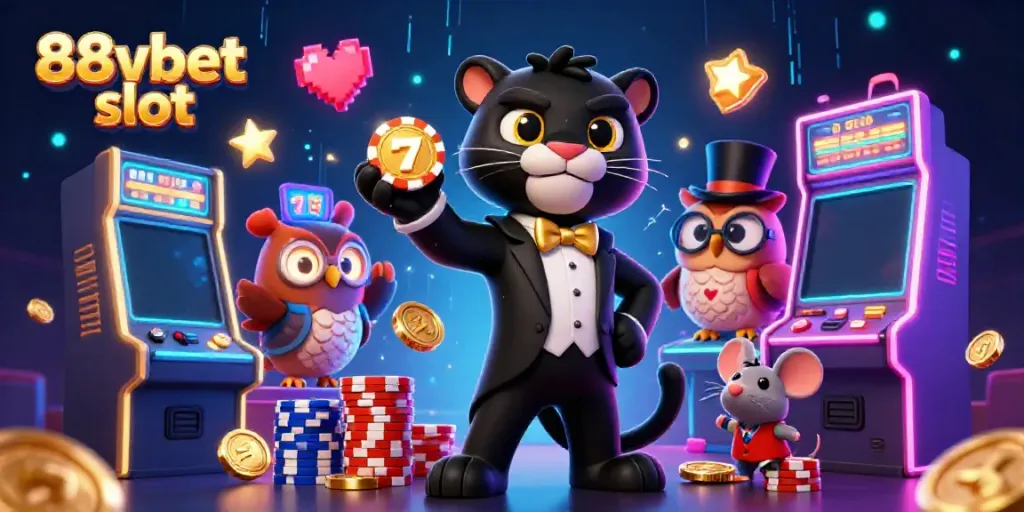 Experience 88vbet slot excitement in a vibrant 3D casino scene with characters and slot elements.