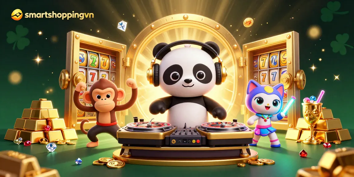 Engage with smartshoppingvn's vibrant casino scene featuring a DJ panda, breakdancing monkey, and glowing kitten amidst roulette wheels and treasures.