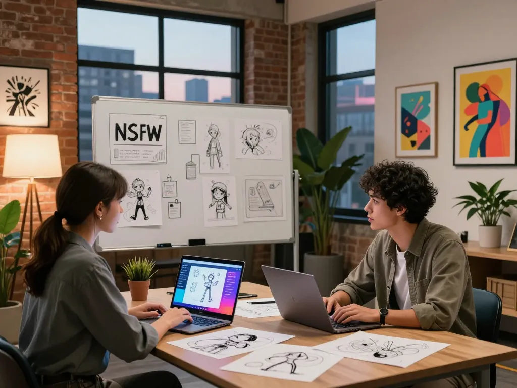 AI NSFW creative session in urban loft, showcasing dynamic brainstorming with laptops, sketches, and city view.