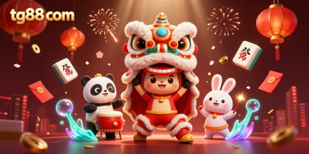 Engage in thrilling gameplay at tg88 com with vibrant lion dance and festive decorations.