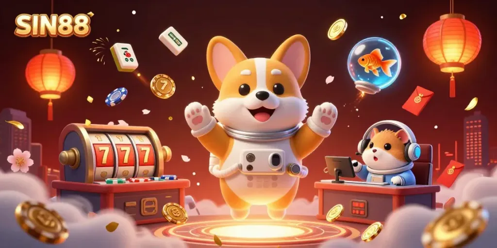SIN88 offers an exciting gaming atmosphere with a cartoon astronaut corgi in a vibrant casino environment.