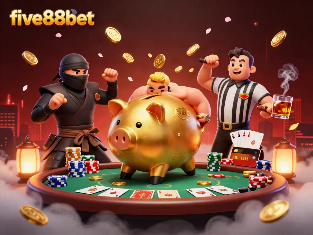 Engage in exciting gameplay with five88bet's dynamic casino experience featuring vibrant characters and casino elements.