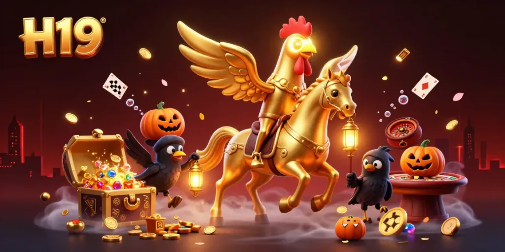 Experience thrilling moments at H19, featuring a golden rooster riding through a vibrant casino.