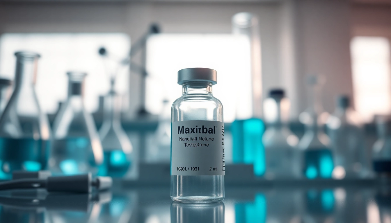 Maxibal Nandrolone Testosterone vial on a professional lab table, showcasing quality and precision.