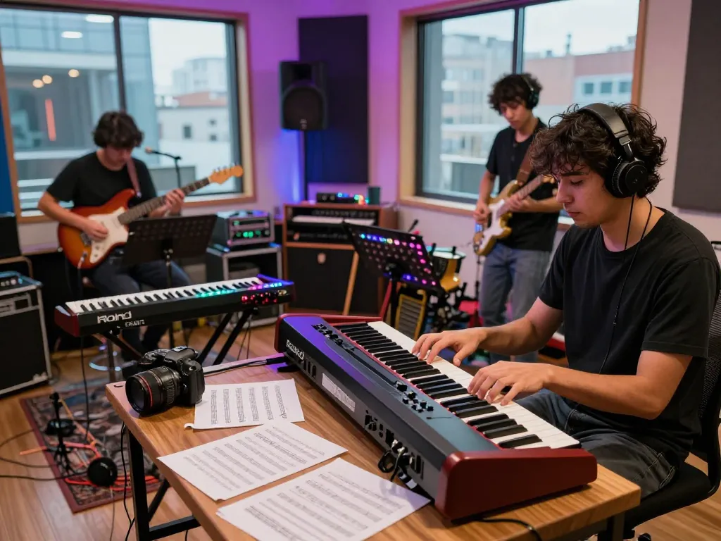Musicians playing the VK88 organ in a vibrant studio with colorful lights and sound equipment.