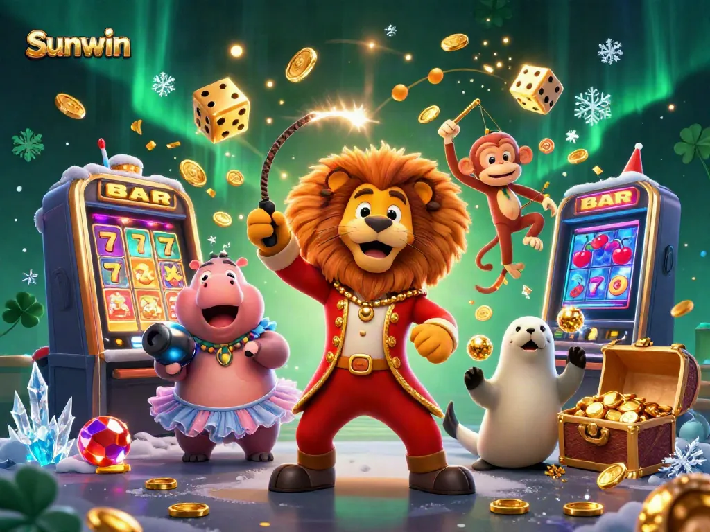 Engage in thrilling casino action with Sunwin featuring colorful 3D characters surrounded by slot machines, coins, and jackpots.