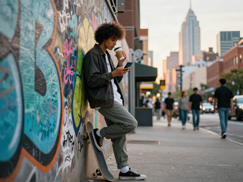 Youthful individual enjoying street life in urban setting with trendy style, highlighting rokok 88 lifestyle.