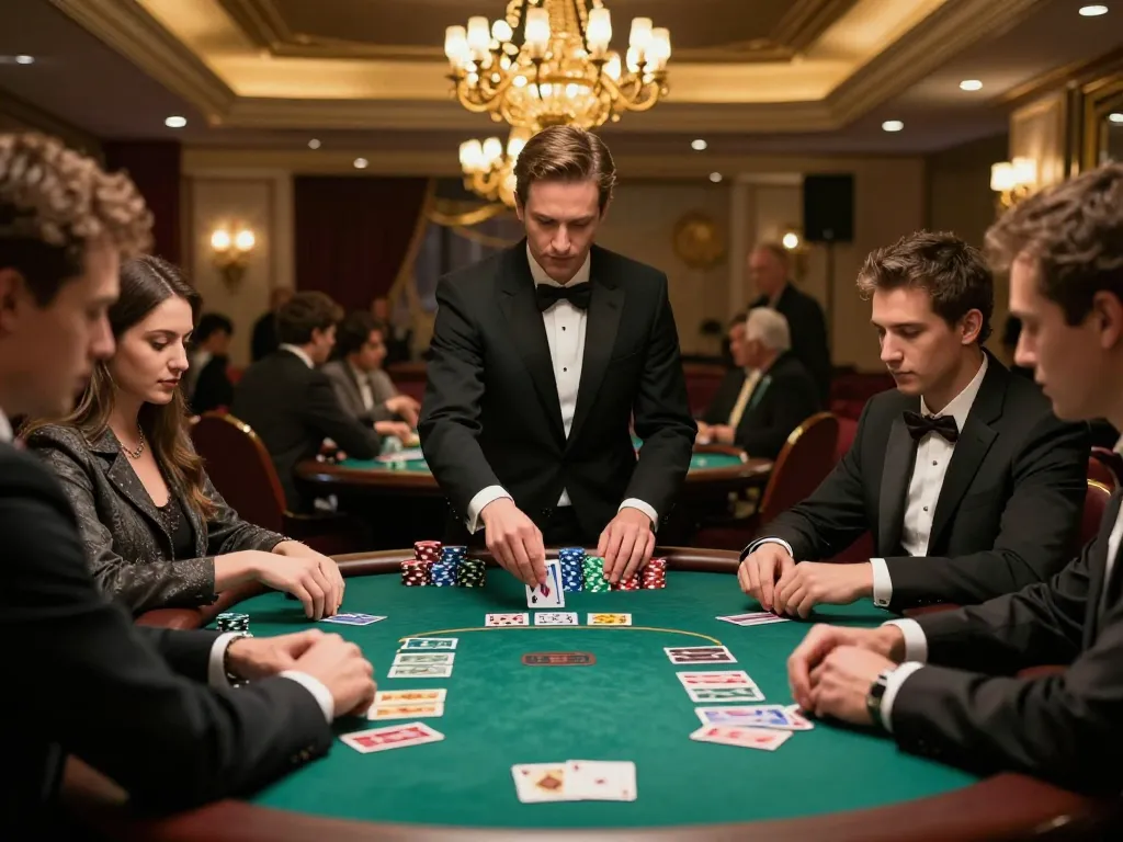 Players at gamebai79 intensely engage at an elegant blackjack table in a vibrant casino setting.